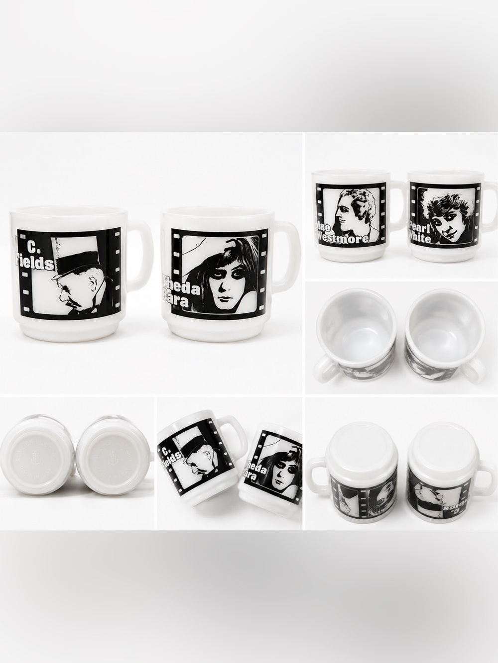 Vintage Hollywood Silent Film Stars Milk Glass Mugs - Set of 2 (Double Sided)